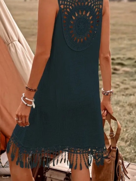 None Dresses & Skirts - BOHO Crochet Hem Sleeveless Tank Dress Hunter Green